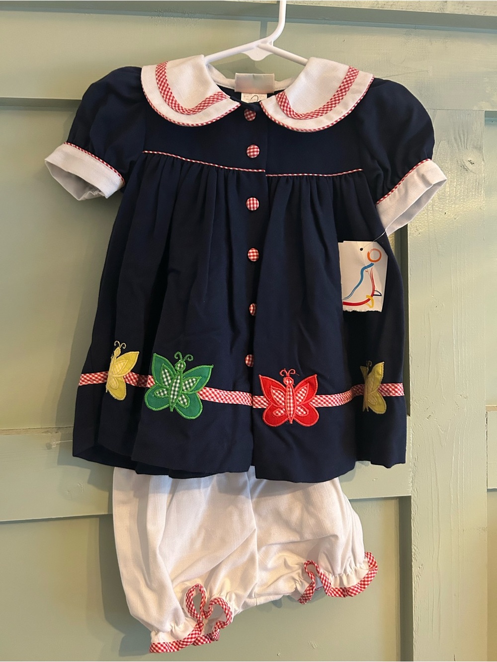 Vintage Navy Butterfly Appliqué Girls' Formal Dress with White Bloomers